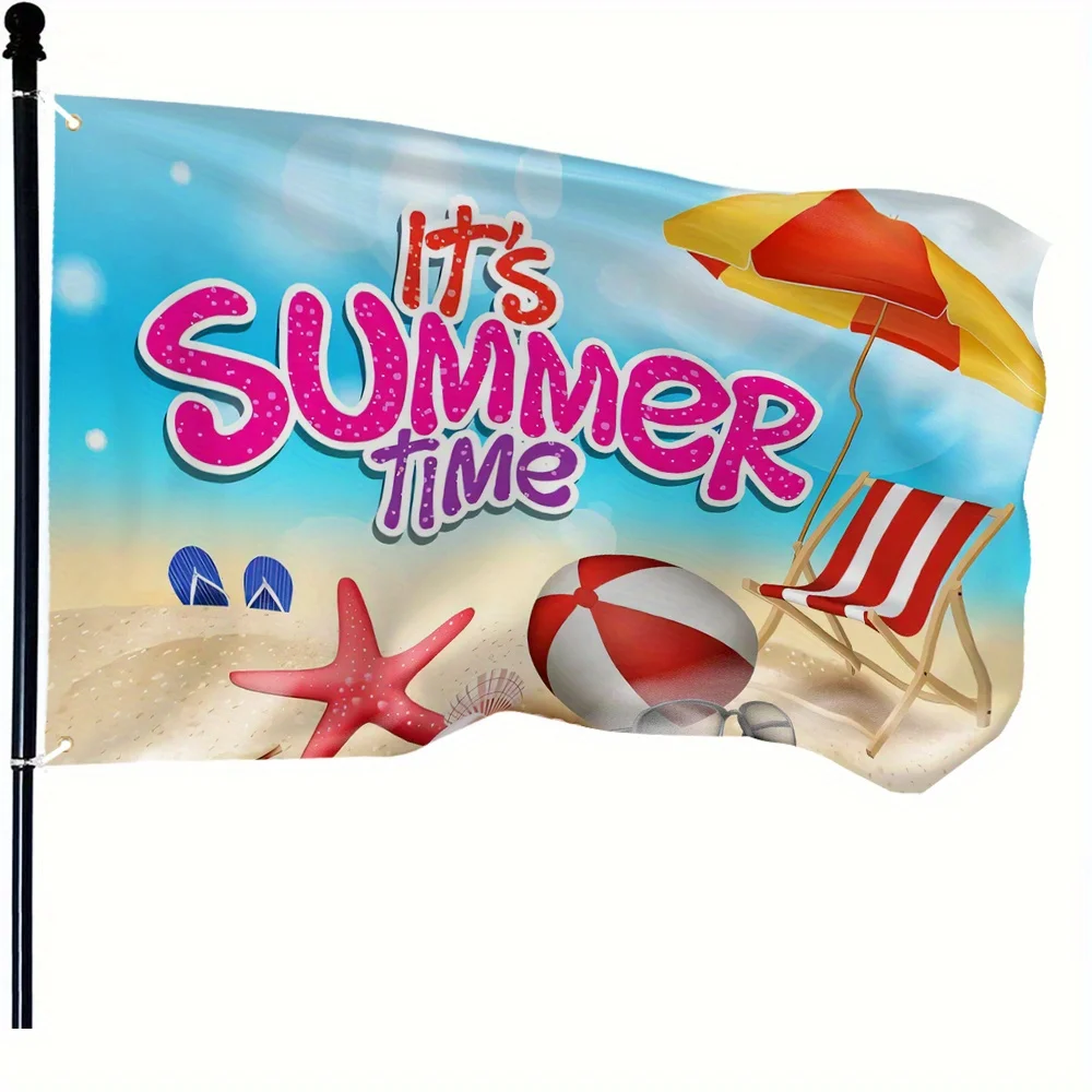 Bandera de pancarta de verano: decoración vibrante para fiestas en la playa y en la piscina con texto brillante, diseño de estrella de mar y conchas "'s Summer Time"
