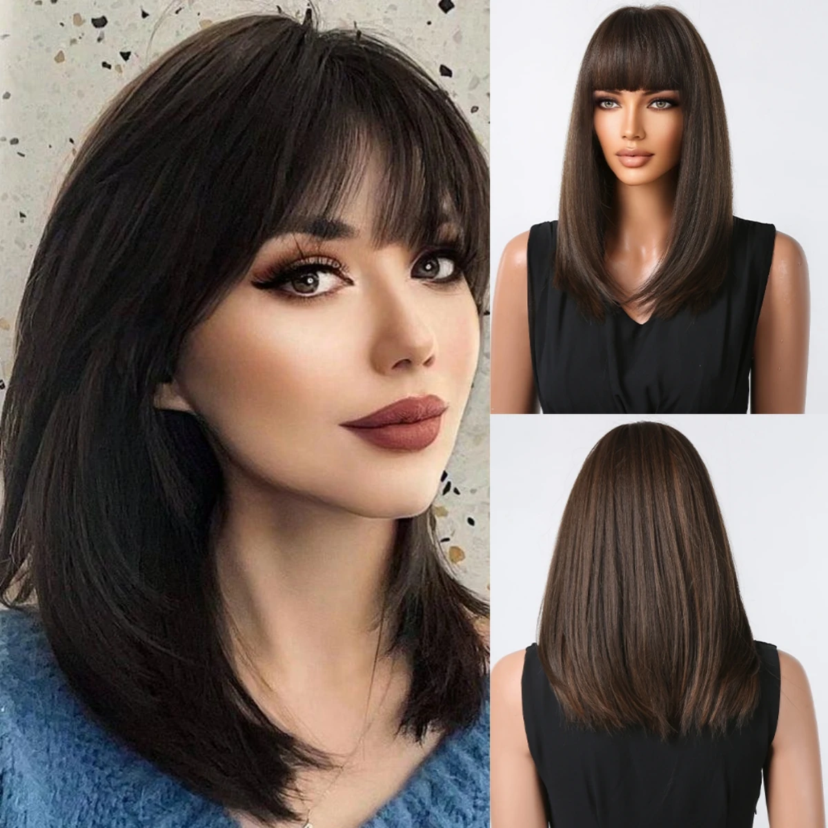 Black Brown Middle Part Synthetic Wig with Bangs Straight hair Wig for Women Natural Heat Resistant Daily Party Use