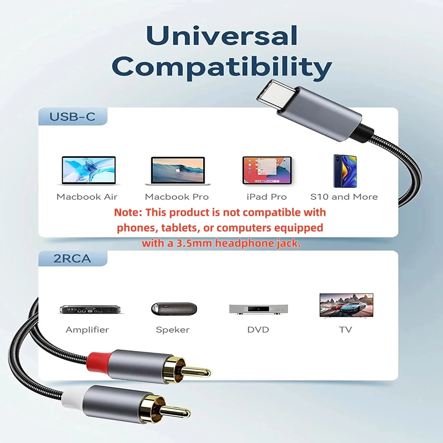 USB C/IOS To RCA Audio Cable Type-C to 2RCA R/L Jack Adapter Y Splitter Cord for Phone Laptop Tablet Amplifier Speaker Home Thea