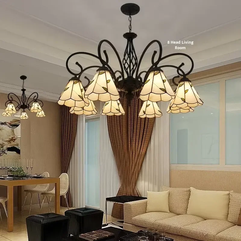 Vintage Tiffany Style Glass Chandelier Multi Head LED Pendant Light Warm Ambient Lighting Fixture For Bedroom Study Room