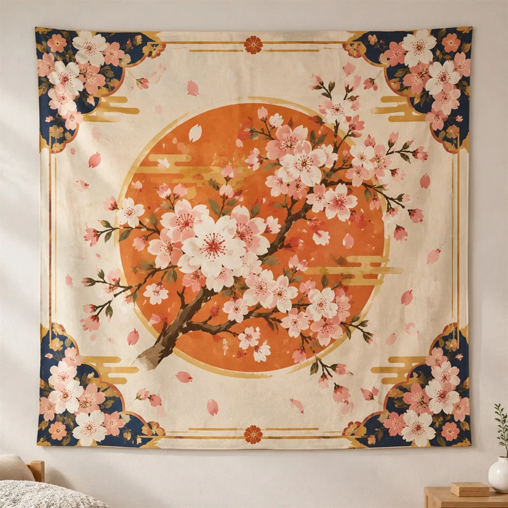 VIKAMA Cherry Blossom Branch Corner Motif Tapestry Wall Hanging, Japanese Wall Decor Tapestries for Bedroom Nursery Kids Room