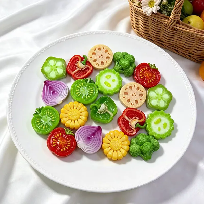 100pcs Cute Simulation Tomato Lotus Root Onion Vegetable Flatback Resin DIY Accessories Keychain Refrigerator Shoes Buckle Decor