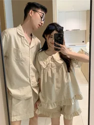 Couples Summer Pajamas Thin Short Sleeve Doll Collar Plaid Home Clothes Set Youth Casual Wear Comfortable Breathable Sleepwear