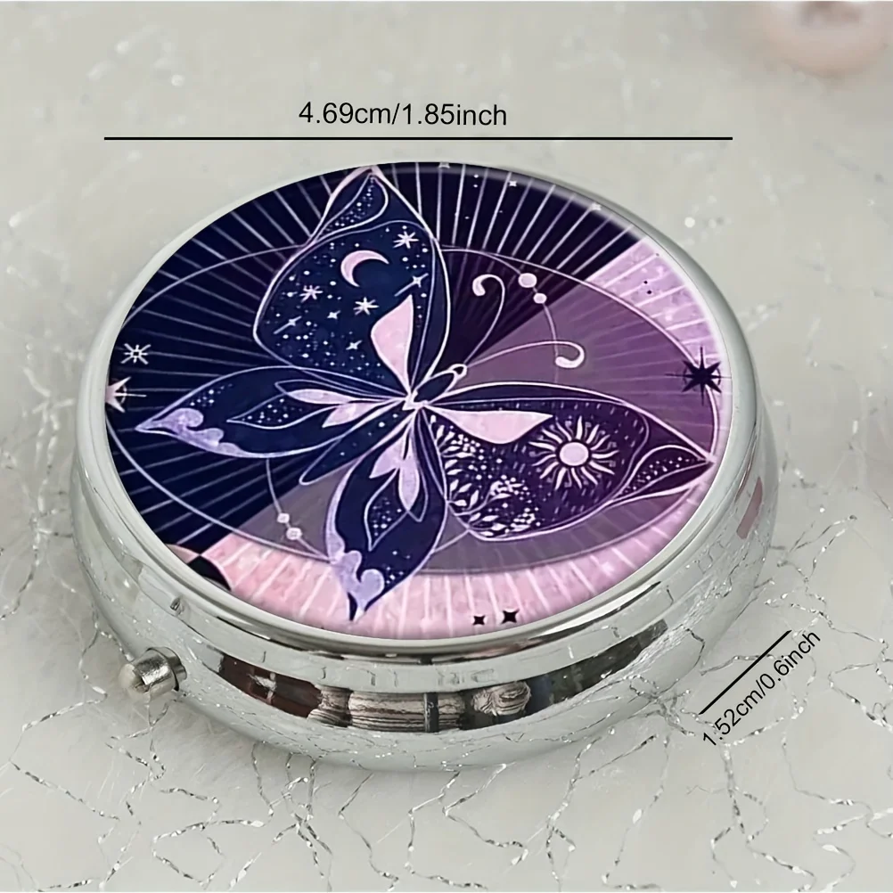Коробка для лекарств фиолетовая звездное небо бабочка круглая, Карманный Кошелек с 3 отделениями, портативный дорожный контейнер для хранения витаминов для планшета