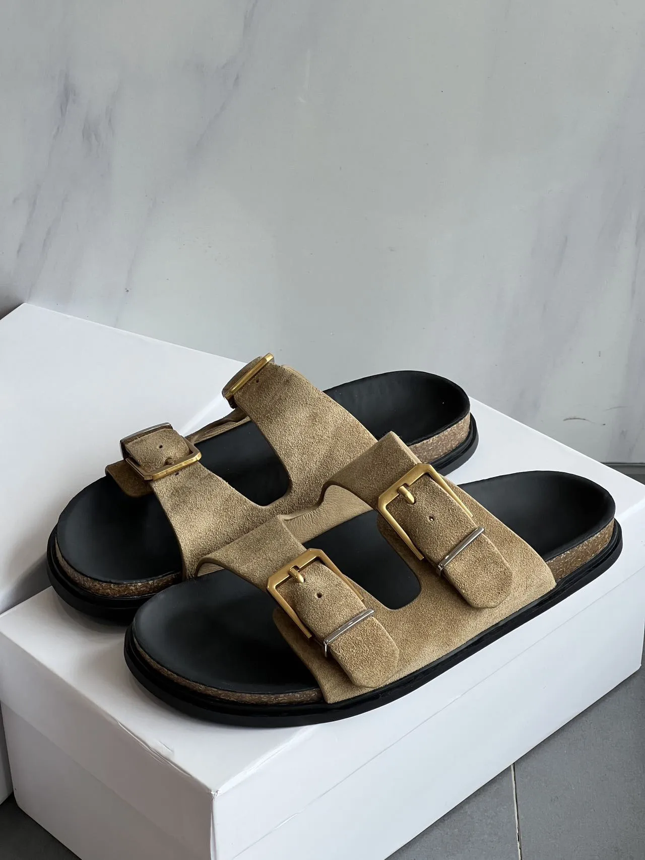 

Women's The Buckle Slide Sandals In Suede Leather With Gold-tone Hardware Shoes