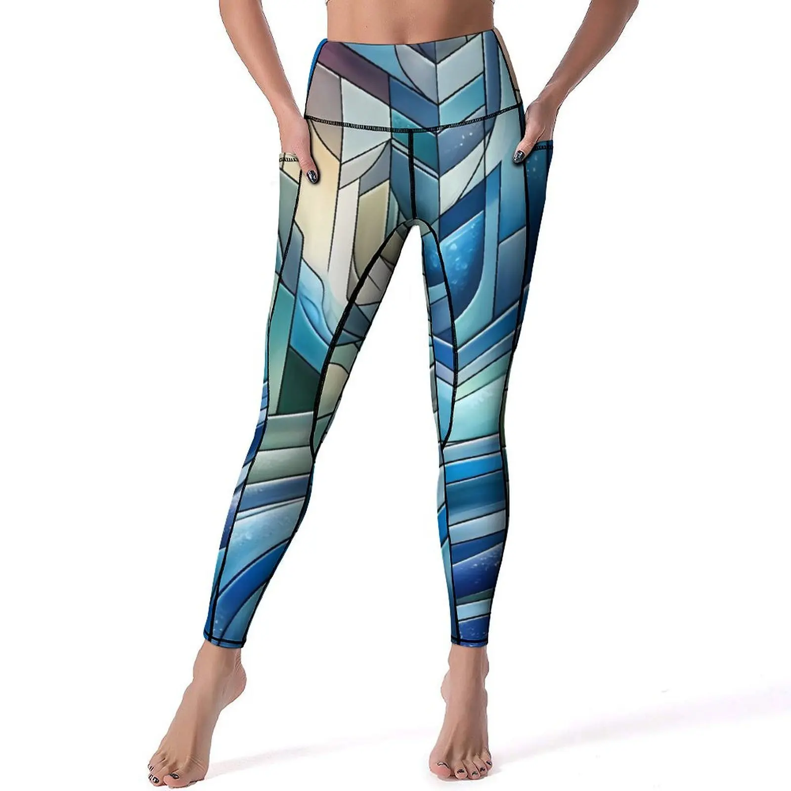 Contrast Color Yoga Pants Pockets Geometry Print Leggings Sexy Push Up Elegant Yoga Sports Tights Elastic Work Out Leggins