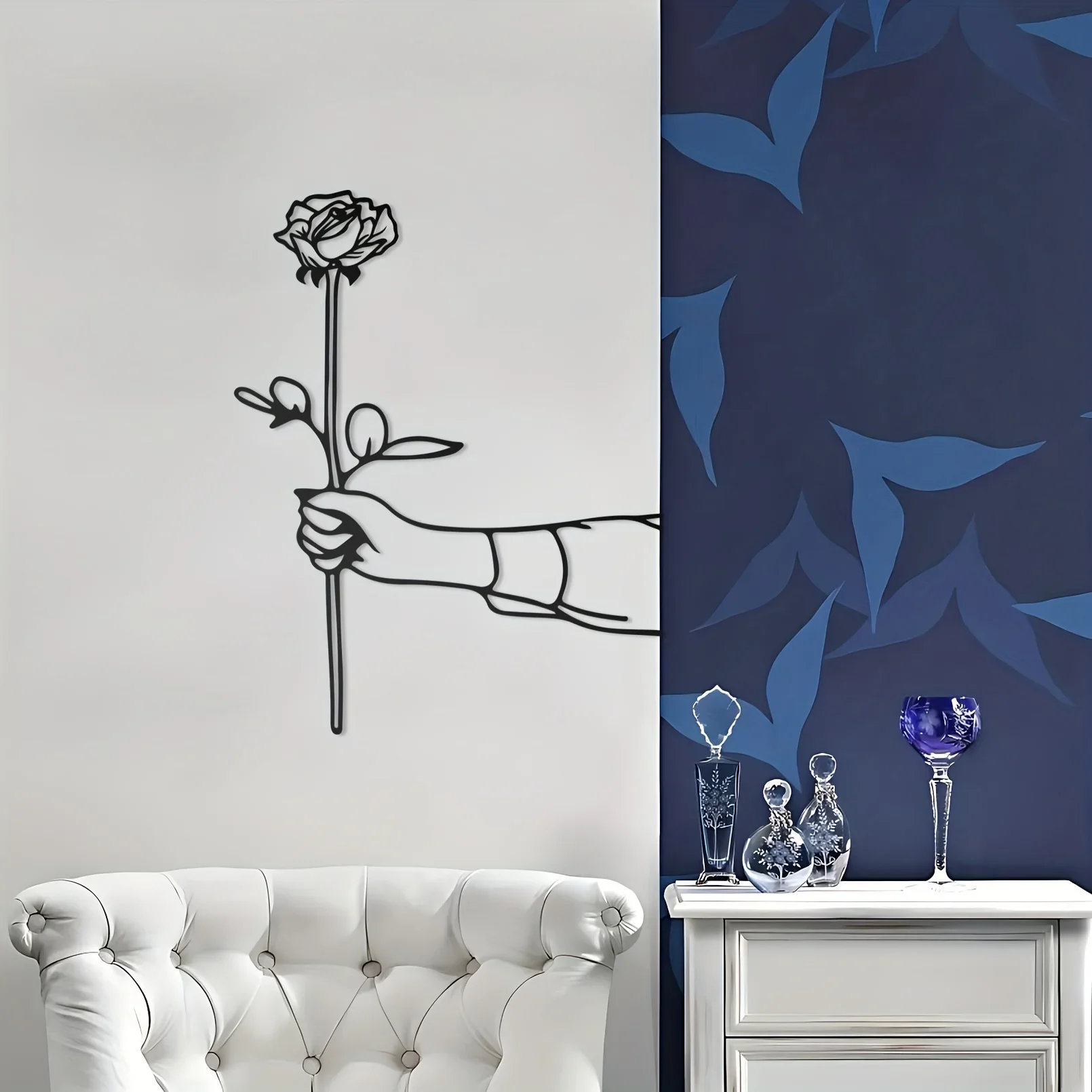 Metal Handheld Rose Black Home Decor, Minimalist Line Drawing Wall Pendant, Creative Quirky Art Wall Sculpture, Kitchen Bathroom