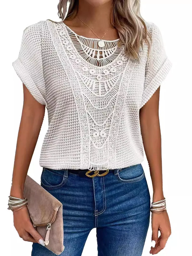 Cseta Fena de Manga Curta em Patchwork com Estampa Floral e Renda Casual Estilo Primavera Verão Tecido Poliéster Refor...