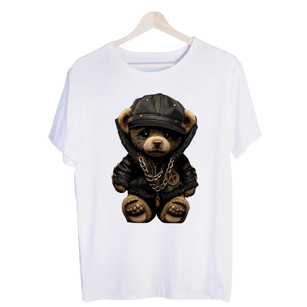 Men's Bear in Leather Jacket Graphic Tee, Short Sleeve Crew Neck T-Shirt for Urban Streetwear and Casual Outfits