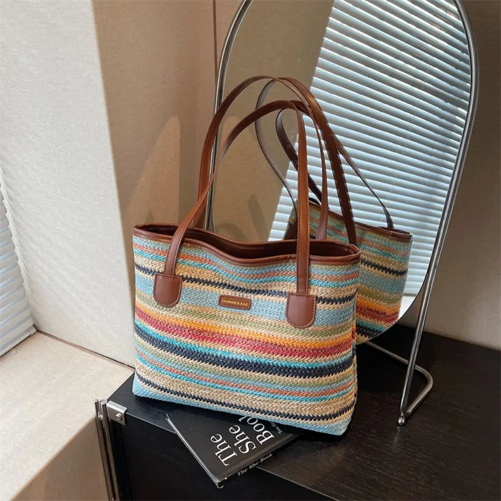 

Hollow Out Straw Woven Bag Parent Shoulder Bag Large Capacity Bohemian Beach Bag Bucket Bag Beach Handbag Strip Shoulder Bag