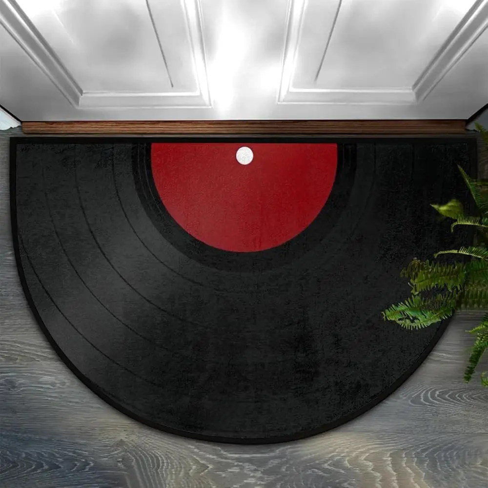 Vinyl Record Music Retro Black Red Half Round Carpet Mat Rug Home Decoration Entryway Door Classic Nostalgic Non Slip view 3