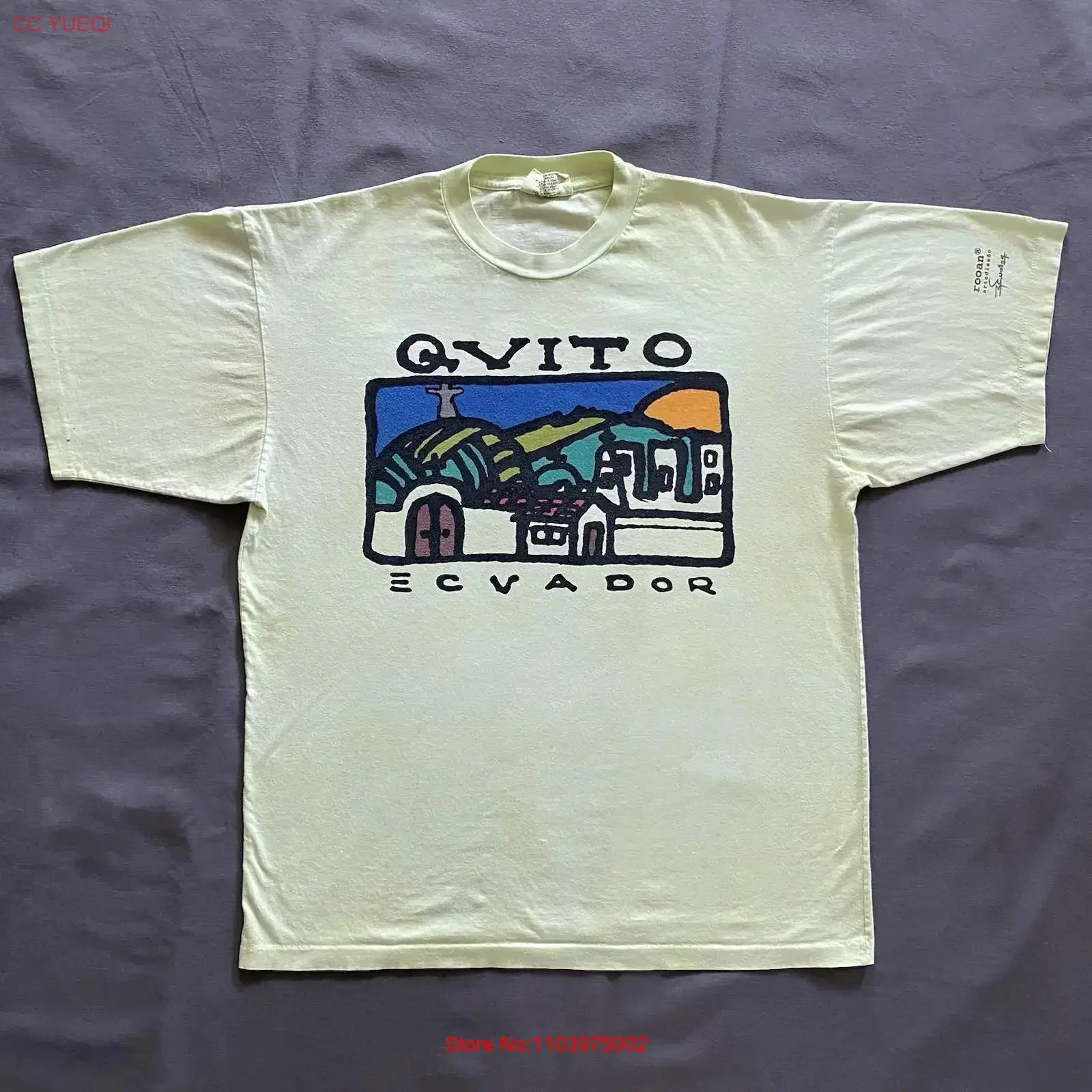 Camiseta Vintage de los 90s Rooan Artediseno Quito Ecuador para Hombre, Talla Grande, Color Amarillo Lima, Teñido, Lavado, Unisex, Ropa de Diseñador Suave