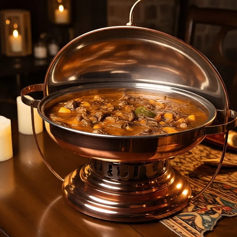 Elegant copper fondue with brass fuel gel holder and serving spoon cookware for hotel and restaurant storage and service