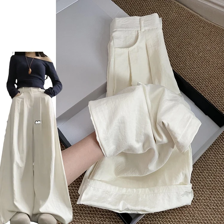 بنطلون نسائي صيفي بتصميم جديد من قماش حريري أبيض ناعم، خصر عالي، أرجل واسعة، بنطلون رقيق ومريح، بنطلون مستقيم بأسلوب عادي.