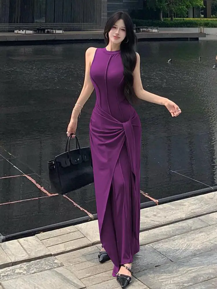 

Korean Summer Purple Round Neck Bandage Vest Long Dress Women Black Grey Sleeveless Festival Slim Wrap Hip Dress Casual Robe New