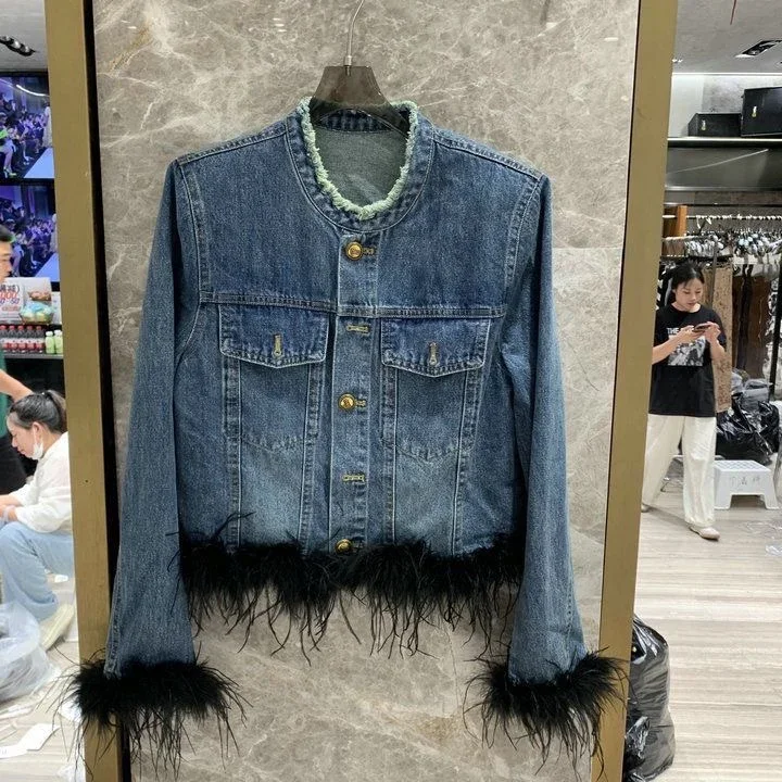 2024 outono nova pena de avestruz denim jaqueta borda crua gola redonda único breasted jeans casacos versátil na moda feminina