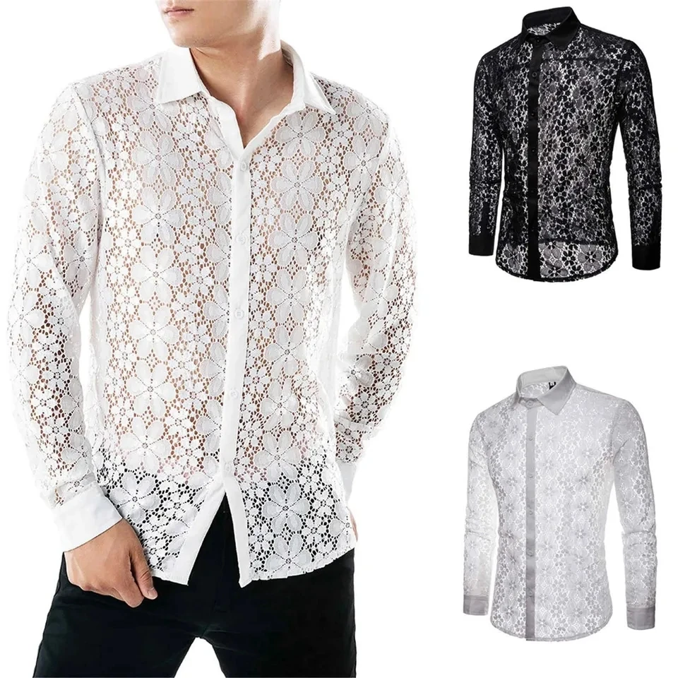 Men's Long Sleve Shirts Lace Flower Embroidery Transparent Sexy Shirt Male See-Trough Night Club Party Stage Performance Tops