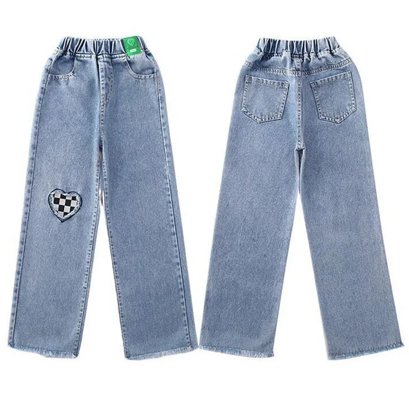 2023 Autumn Girls Jeans For Girl Teenage Elastic High Waist Denim Wide Leg Pants Kids Straight Trousers Children Ripped Jeans