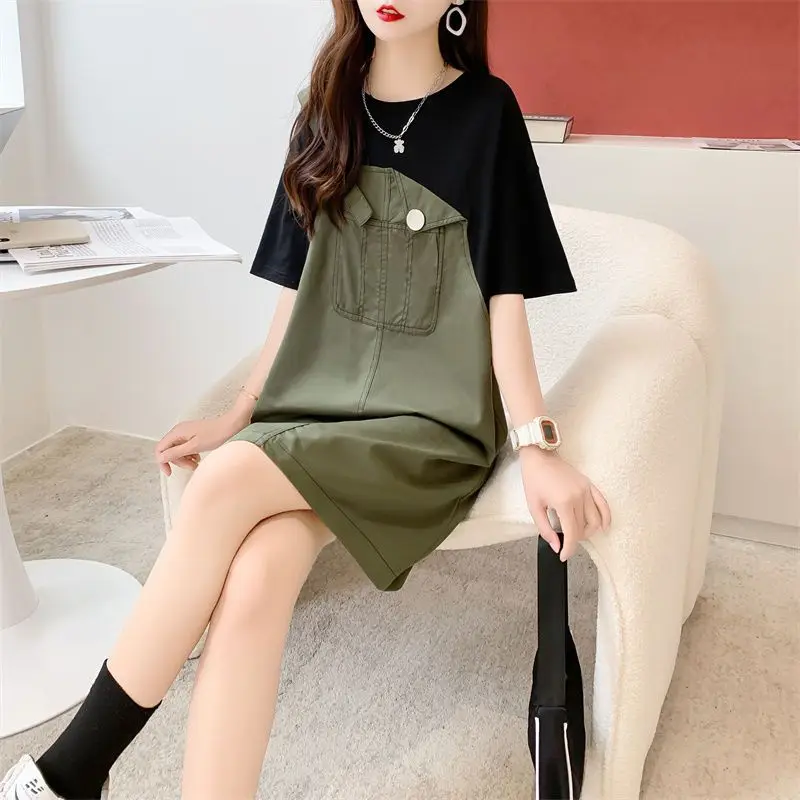 Street Casual Patchwork Short Sleeve T Shirt Dress Summer New Contrast Loose Youth Korean Tops Vintage Fashion Women Clothing