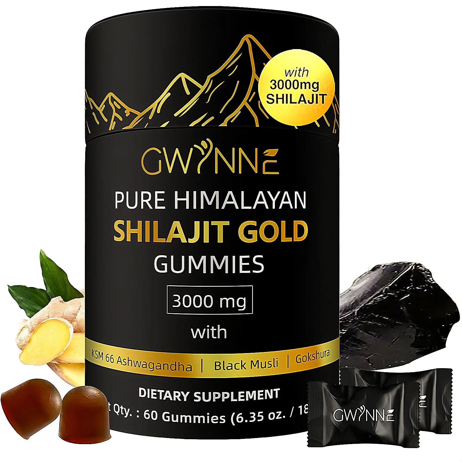 3000mg Shilajit Gummies | Pure Himalayan Shilajit for Men | Lab Tested I No Added Sugar | Fulvic Acid & 85+ Trace Minerals for Men, Women | Non-GMO | 60 Gummy | Gwynne