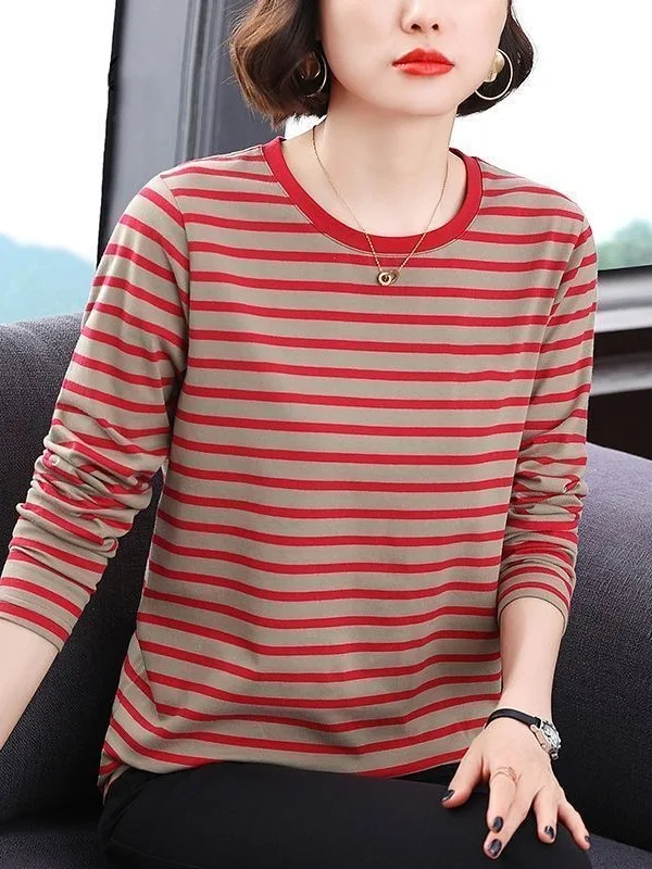

High-End plus Size Striped Long Sleeve T-Shirt Women's Midlife Slimming Loose Versatile Top Mom's Fashion Casual Polyester Fiber