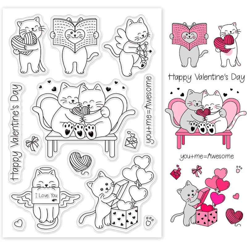 1pc Lovely Cats Silicone Clear Stamps Happy Valentine's Day Transparent Stamps for Birthday Easter Valentine's Day Cards Making