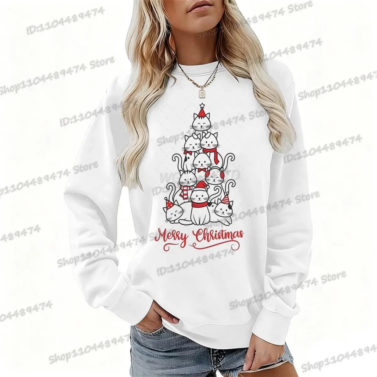 عيد ميلاد سعيد القطط شجرة هوديس الكرتون عيد الميلاد حزب بلوزات الرجال النساء جولة الرقبة الصوف الخريف الشتاء Y2K البلوز