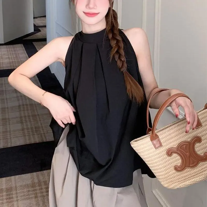 Casual Fashion Pleated Shirts Female Clothing Solid Color Basic Summer Sleeveless French Style Halter Loose Sweet Folds Blouse