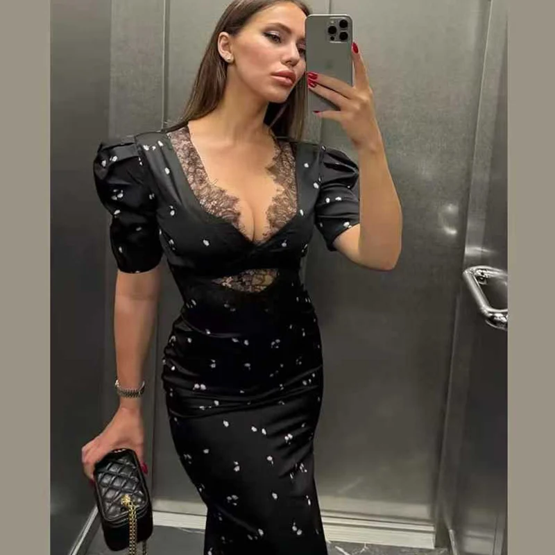 Langes Damenkleid 2025, neues modisches sexy Spitzen-Patchwork-Kleid mit V-Ausschnitt und Puffärmeln für Frauen, elegantes, schickes Damenkleid
