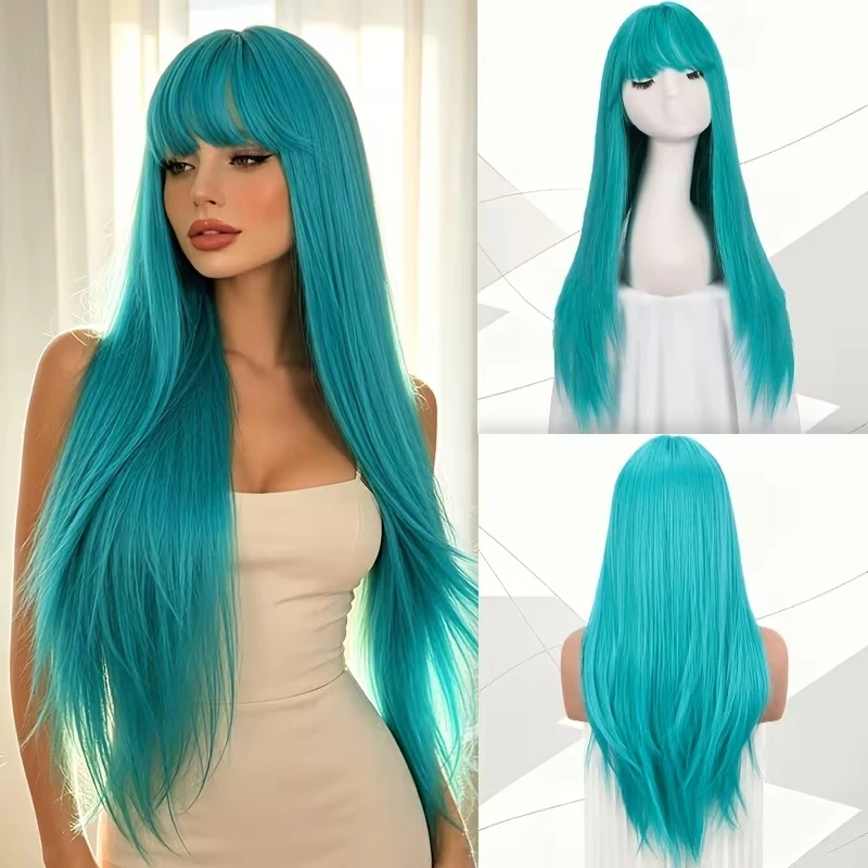 28Inch Long Straight Synthetic Full Wig With Bangs Full Head Wig Heat Resistant Fiber Wig for Women Cosplay Party Halloween
