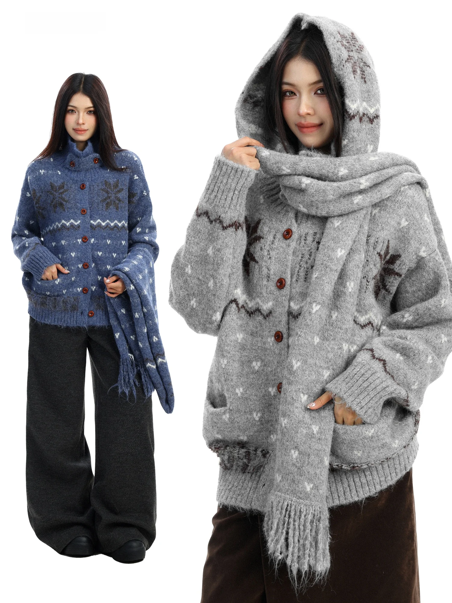 

Thiened вязаный шарф с высоким воротником, свободный женский свитер, осень-зима, модная винтажная повседневная верхняя одежда на пуговицах