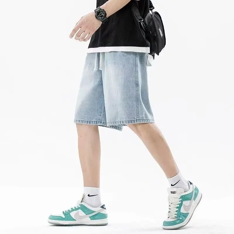 Summer Teenagers American Retro Blue Denim Shorts Harajuku Simple Loose Straight-Leg Capri Pants Gothic Versatile Trendy Pants