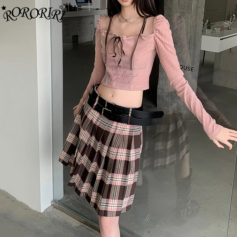 

RORORIRI Double-belt Plaid Tweed Skirt Women Tartan Retro Low Waist A-line Casual Knee Long Pleated Skirt Autumn Winter Clothes