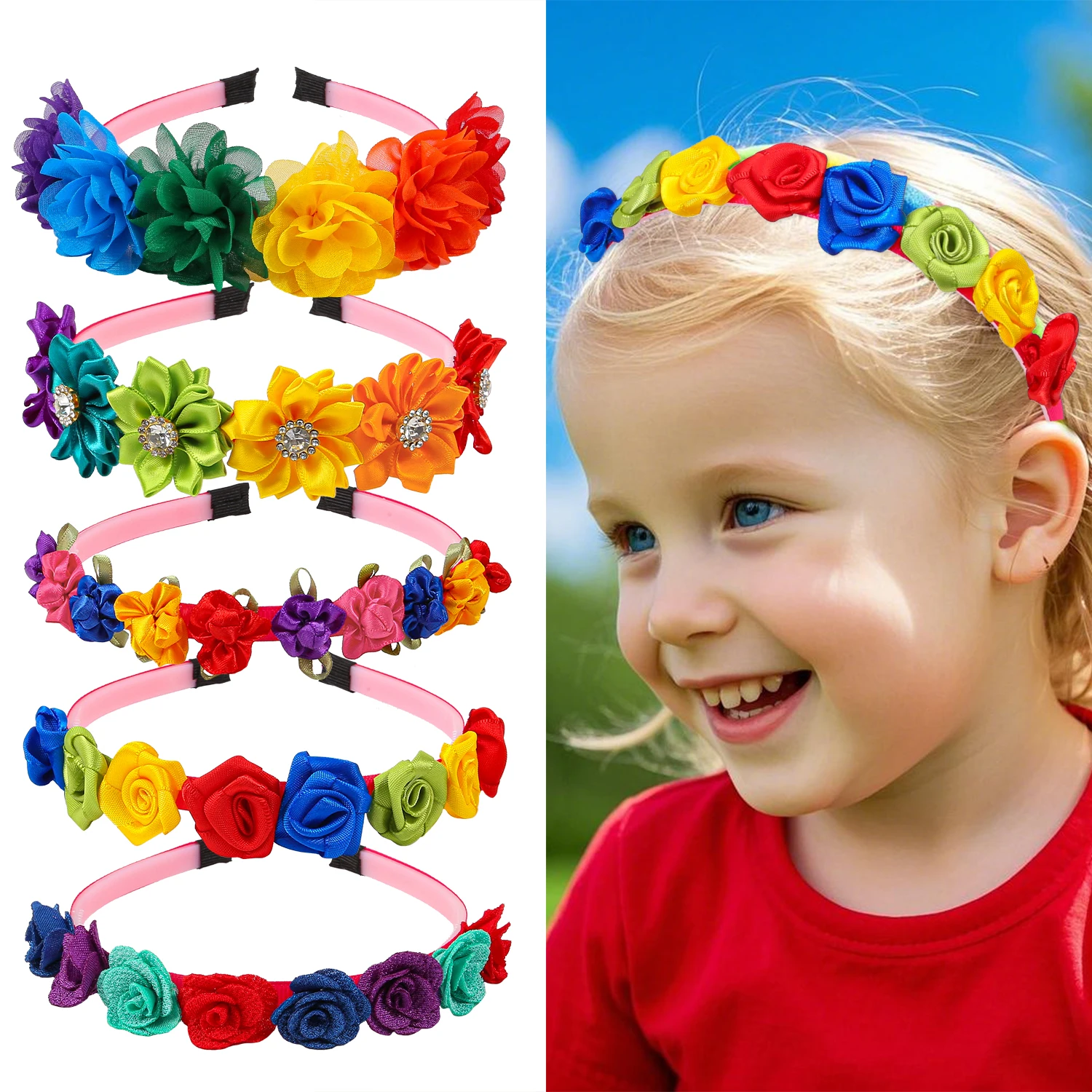 

5pcs Cute Chiffon Flower Headbands Plastic Hairbands Girls Women Crystal Floral Headbands Children Party Hair Accessories