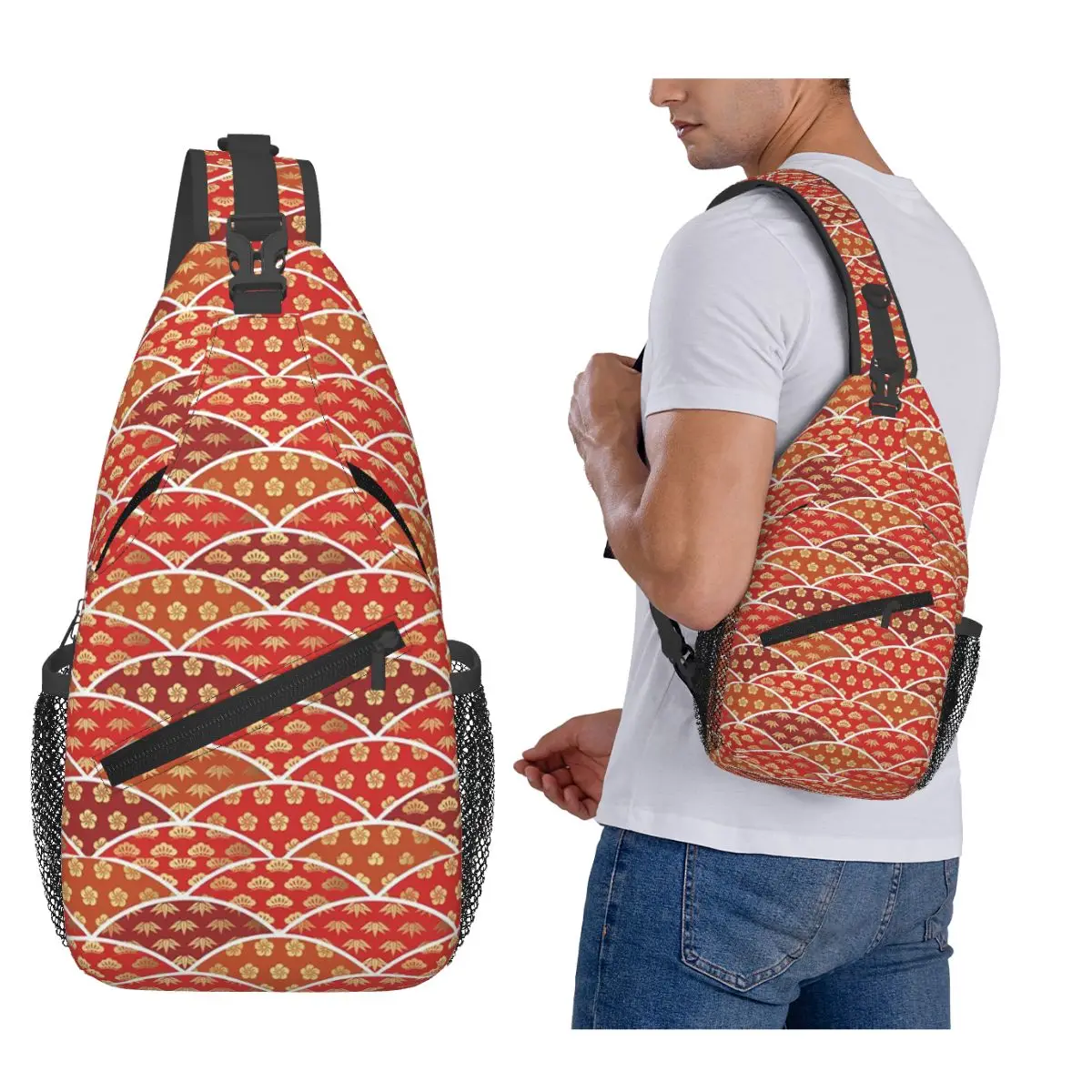 Japanese Wave Traditional Pattern Chest Bag Men Sling Crossbody Backpack Chest Bag Traveling Hiking Daypack Shoulder Bag