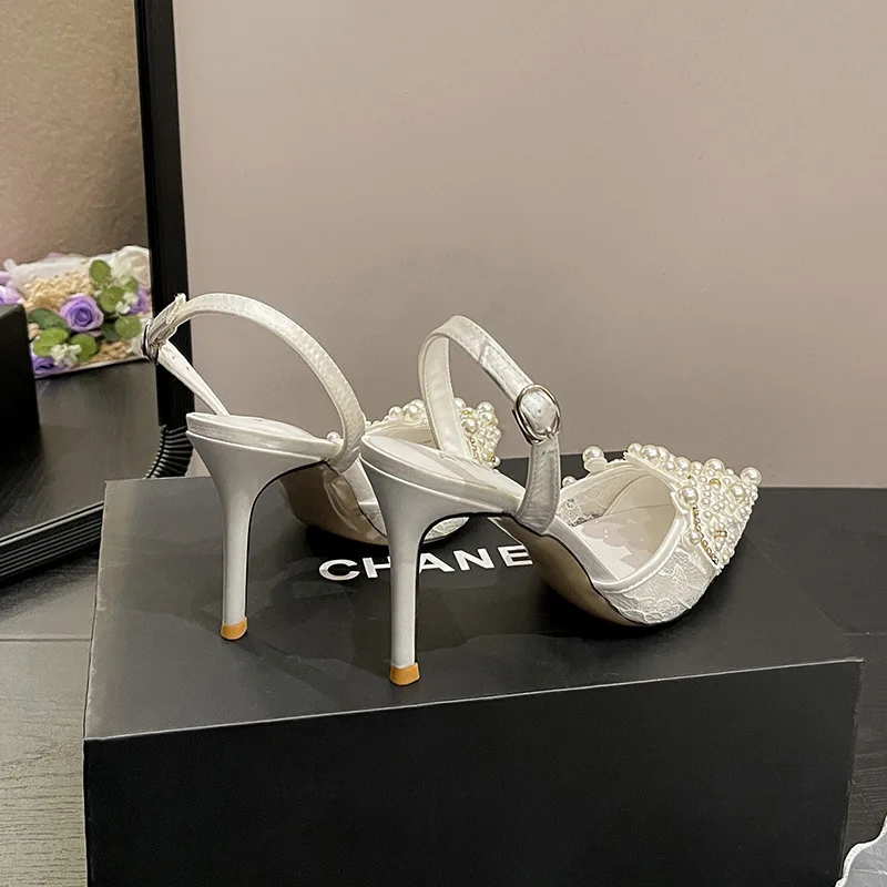 CHMURY elegante donna bianca punta a punta 8cm matrimonio sposa tacchi scarpe per le donne tacco medio pizzo Slingback lacci di perle scarpe