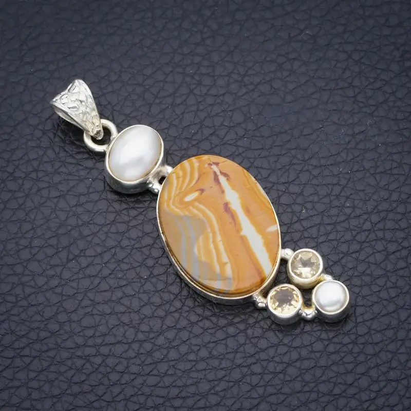 StarGems Natural Picture Jasper&Citrine And River Pearl Handmade 925 Sterling Silver Pendant 2 1/2