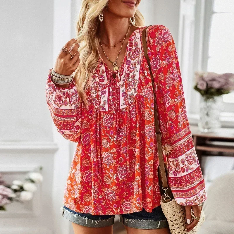 Bohemian Floral Printed Blouse Spring Long Sleeve Lace Up Loose Shirt Fashion Holiday Chemise Elegant Beach Tops Oversized 2024