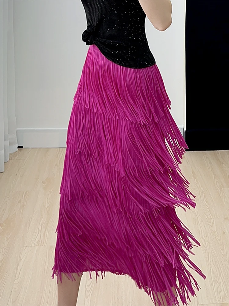 

High-End Pleated Fringed Splice Skirt Slimming Women's Mid-Length Half Body Skirt Commute Style Korean High Waist Polyester F...