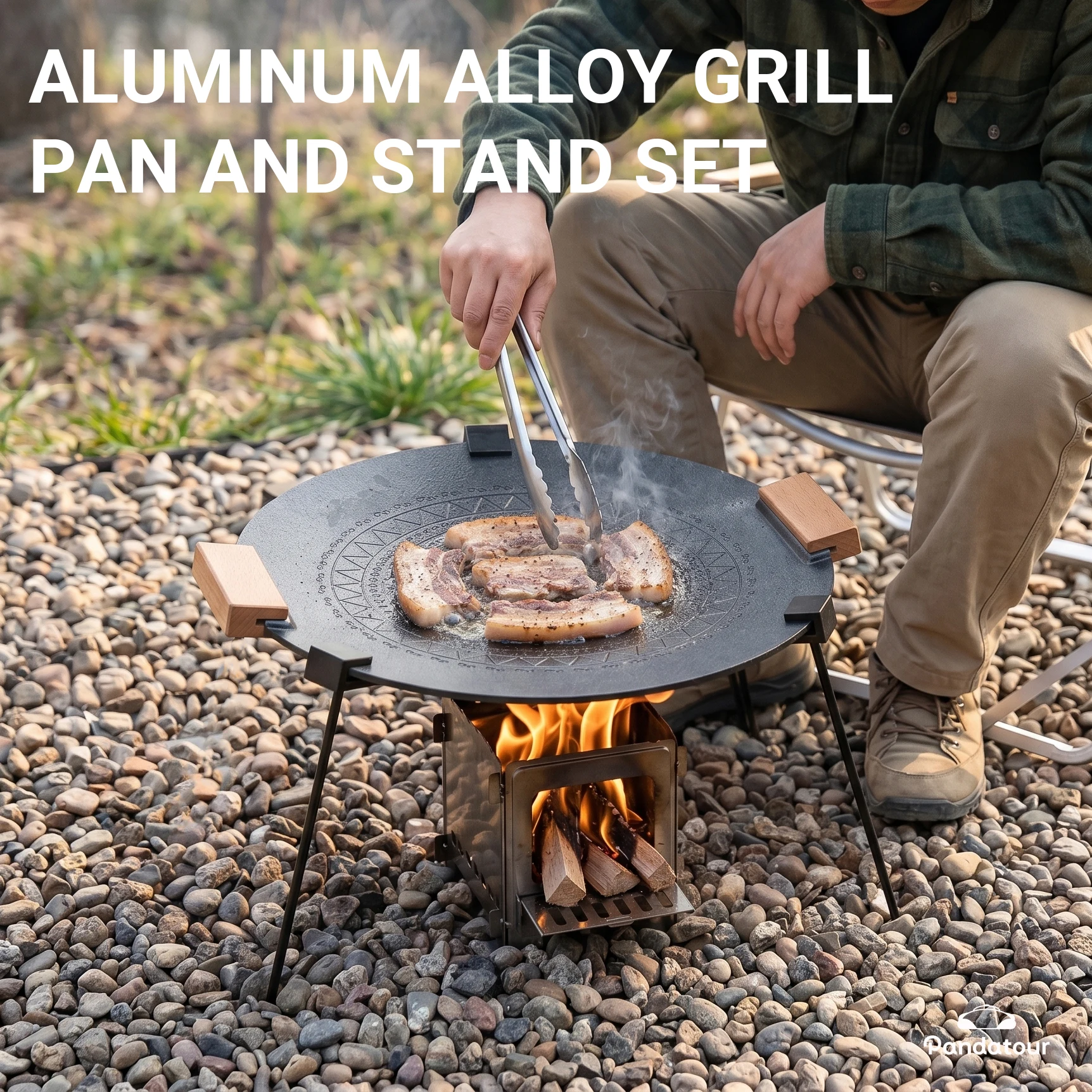 

Pandatour Outdoor Camping Grill Pan Aluminum Alloy Heat-Proof Handle Embossed Pattern One-Piece Die-Casting Process