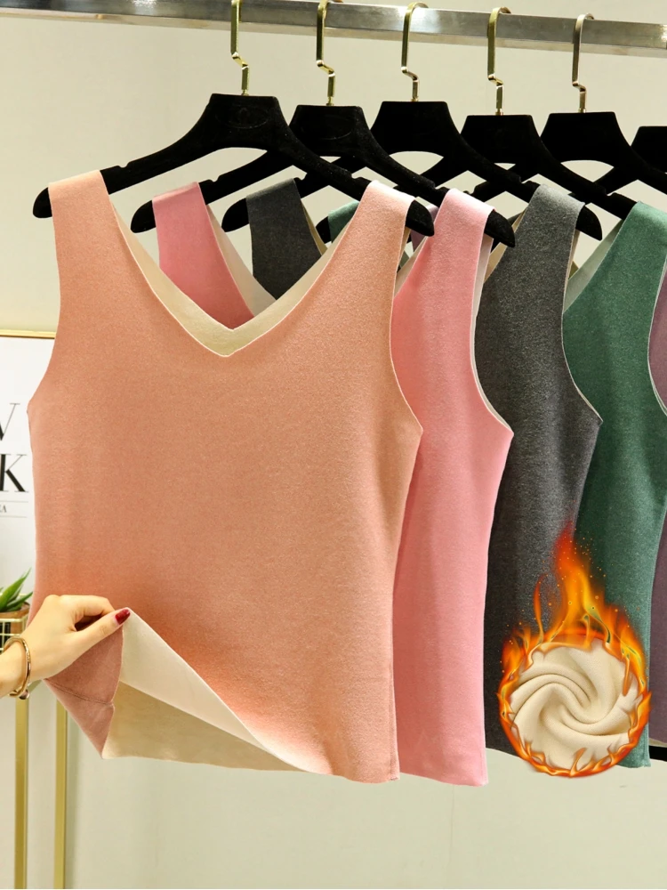 Women's Thickened Silk Velvet Heating V-neck Vest Warm Strapless Fleece Lined Seamless Inner Wear Base Shirt Autumn Winter