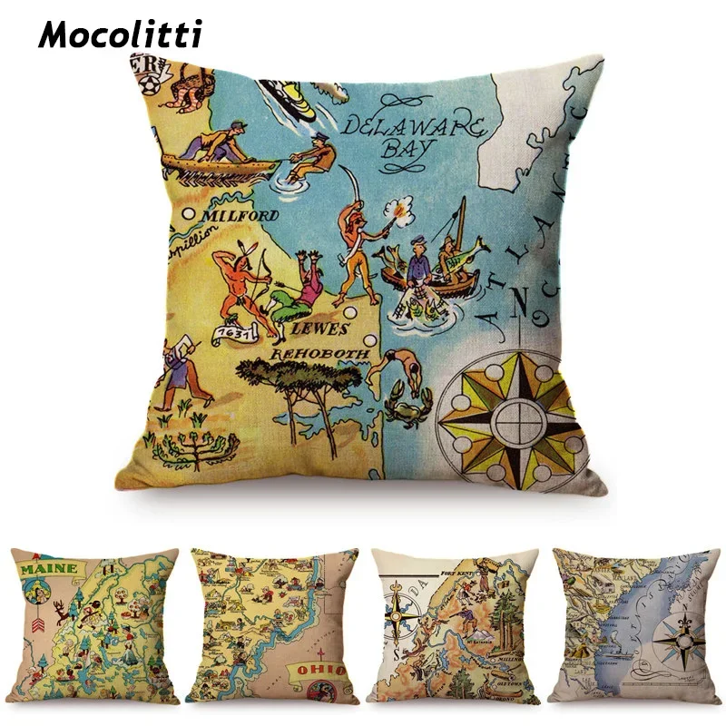 European Famous City Map New Creative Comic Design Decorative Throw Pillow Case Navigation Map Cotton Linen Sofa Cushion Cover