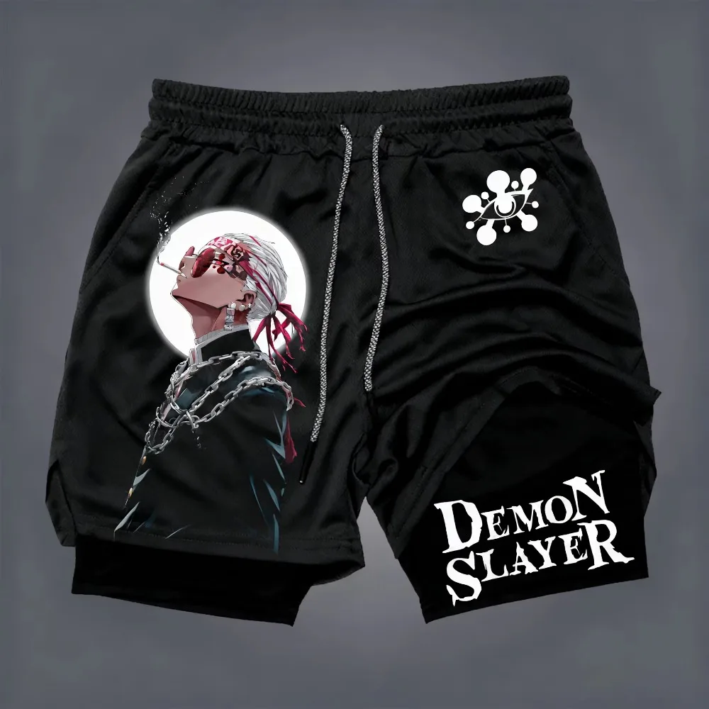 Pantalones cortos Demon Slayer de doble capa para hombre Tengen Uzui, pantalones cortos deportivos de dos piezas falsos de Anime japonés de verano, pantalones cortos de secado rápido para Fitness
