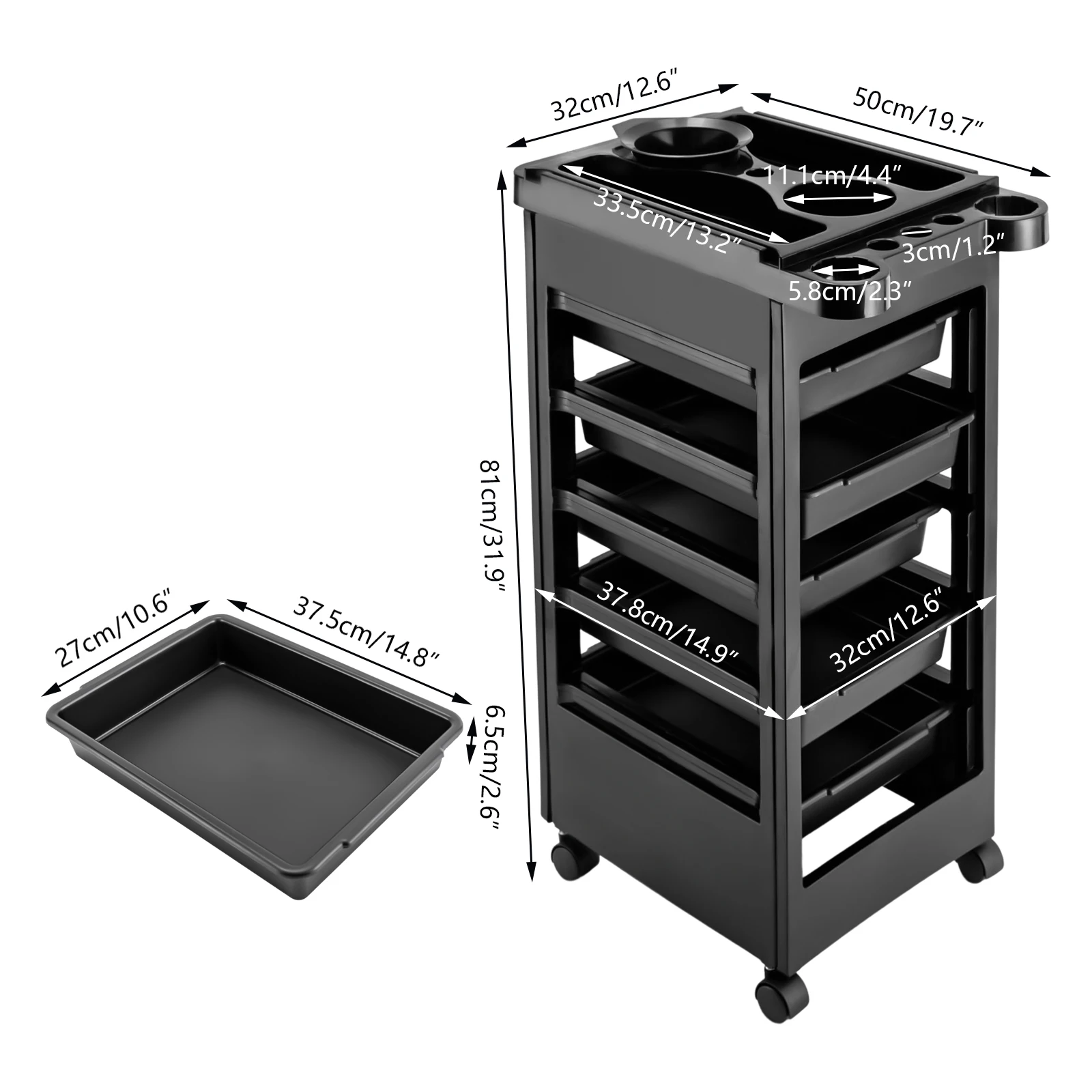 Beauty Tattoo Budget Hair Styling Salon Trolley Cart with Wheels and 5 Drawers Black