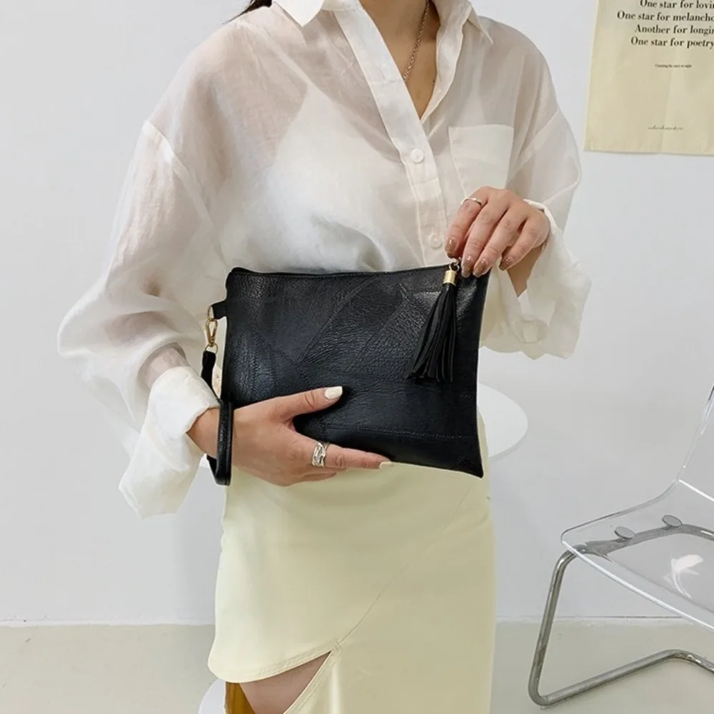 

Envelope Bag Tassel Handheld Bag PU Leather Korean Style Zipper Coin Purse Clutch Solid Color Small Item Bag Women