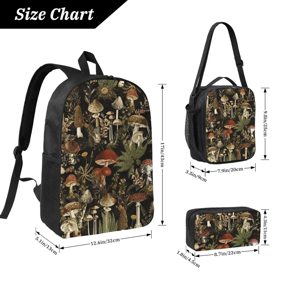 Midnight Mushrooms Forest Botanical Night Garden Backpack Boys Girls BookBag School Bag 3ps Insulated Lunch Bag Pencil Case