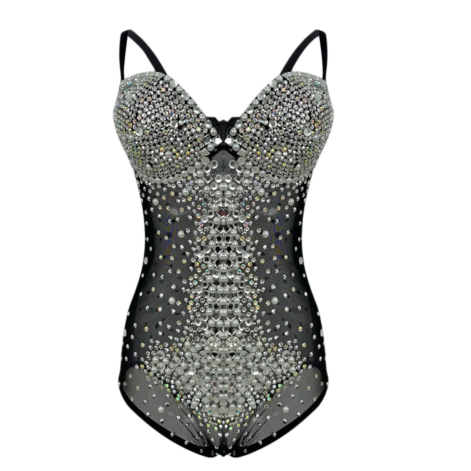 

Sexy Women SuspenderJumpsuit Sparkling Rhinestone Pearl See Through Mesh Tight Shorts Beach Pool Party Dance Outfit yemingzhu
