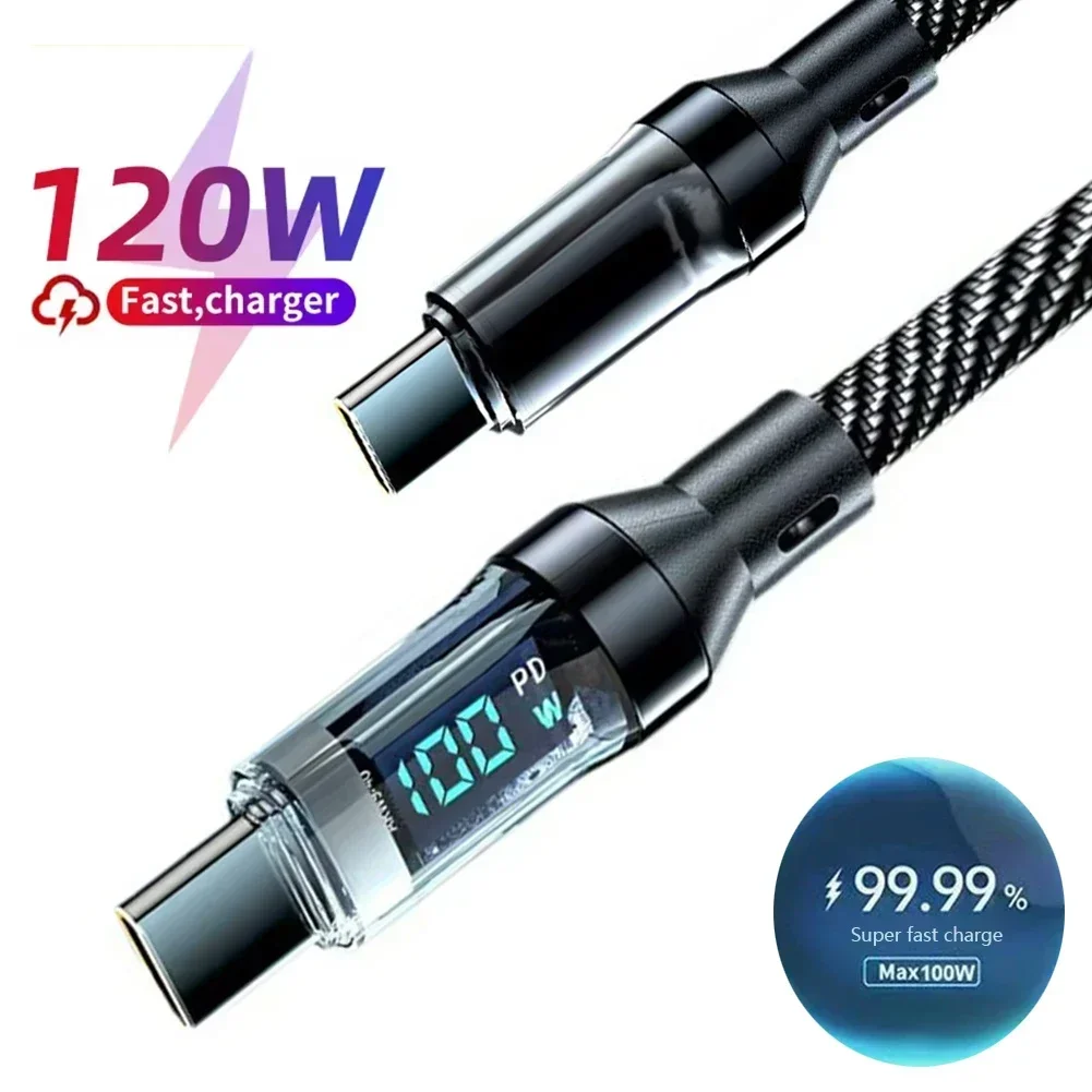 Kabel Data Tipe-C ke Tipe-C 120W/100W Kabel Data Tampilan Digital Transparan USB ke Tipe-C untuk Millet Samsung iPhone Mac book