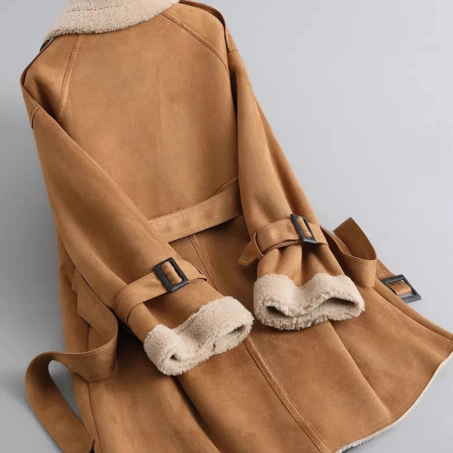 Grain Sheep Shearing Medium Long Coat For Women's Autumn And Winter New Style, High-End Suede Windbreaker,Lamb Fur Trench w1486