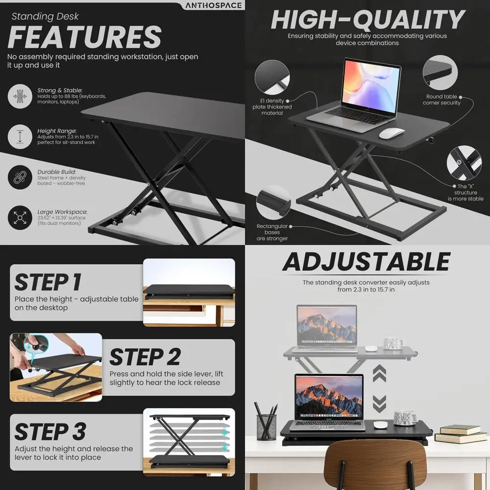 

Ergonomic Adjustable Standing Desk Converter, 23.6 x 13.4, 2.4-15.7 Height Range, Sturdy Steel Frame for Home Office Use